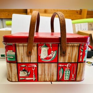 Vintage picnic basket, metal Decoware. Hinged lid wood handles. Plaid pattern.